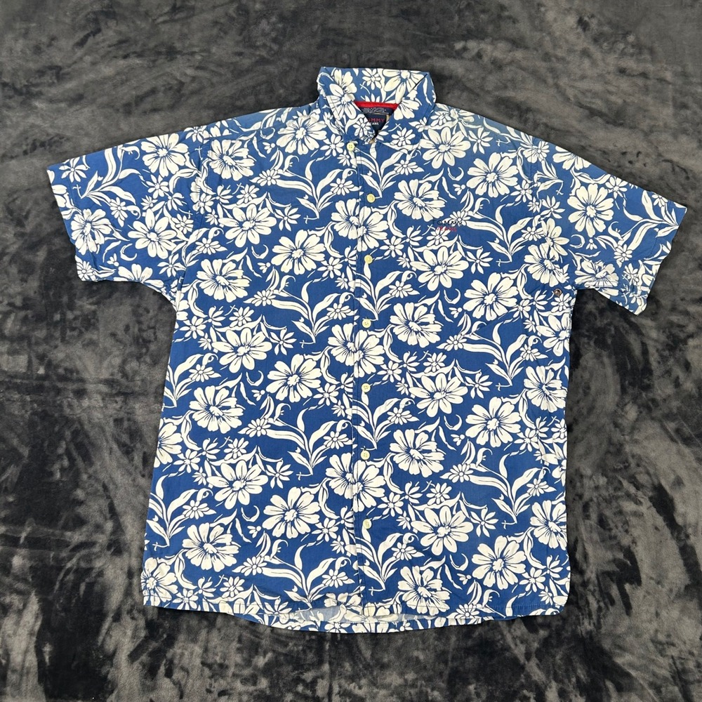 Tommy Jeans Button Down Shirt Mens L Blue Floral Short Sleeve Cotton Casual
